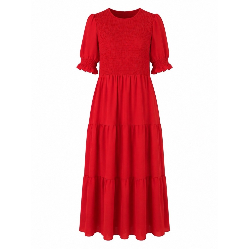BTFBM Women's Large Red Smocked Tiered Maxi Dress Puff Sleeve Cottagecore Boho